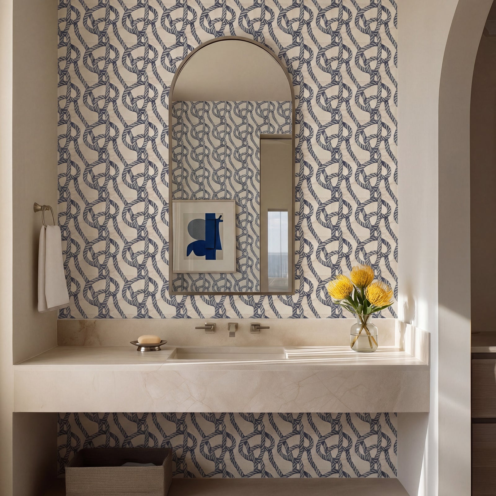 Harbor Knot rope pattern wallpaper installed in a coastal-inspired modern study