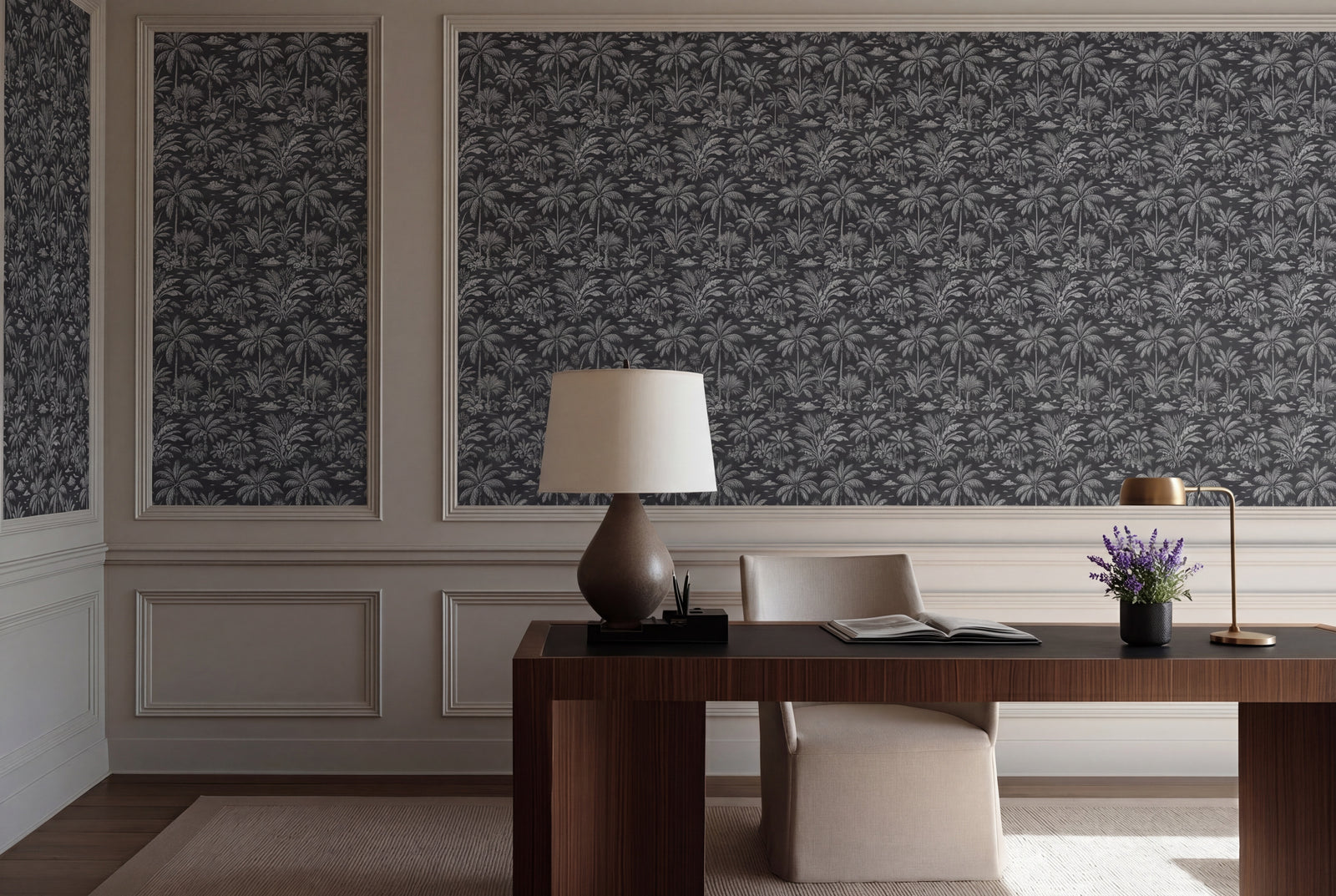 Palmy Weather wallpaper in Black colorway styled in an elegant dining room with natural wood decor.