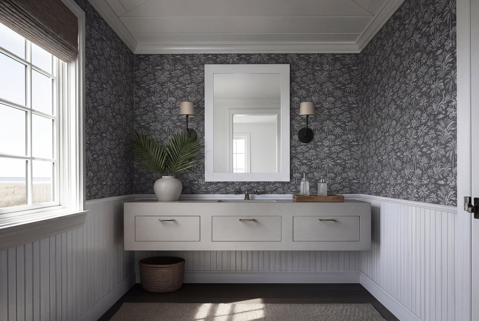 Charcoal Palmy Weather tropical wallpaper styled beautifully in a sophisticated living space.