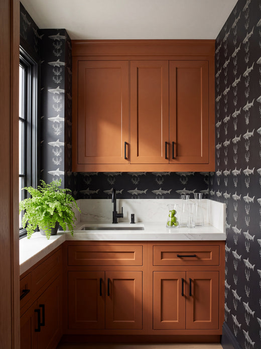 Sophisticated child's bedroom featuring the modern shark motif wallpaper on a statement wall.