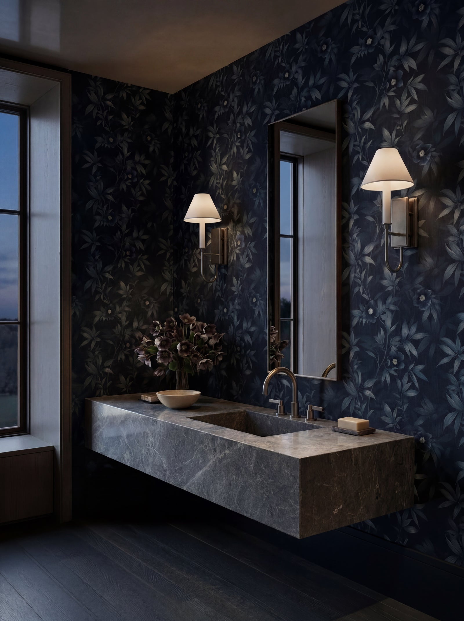 Luxurious bedroom accent wall featuring the dark, elegant botanical print of the Midnight Bloom Garden wallpaper.