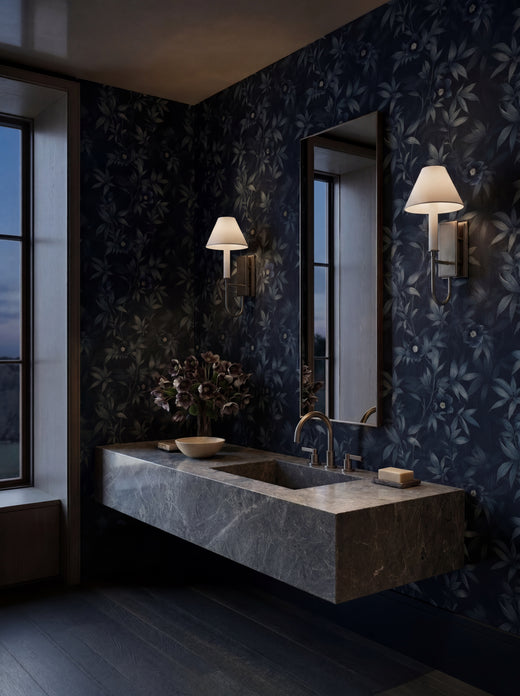Luxurious bedroom accent wall featuring the dark, elegant botanical print of the Midnight Bloom Garden wallpaper.