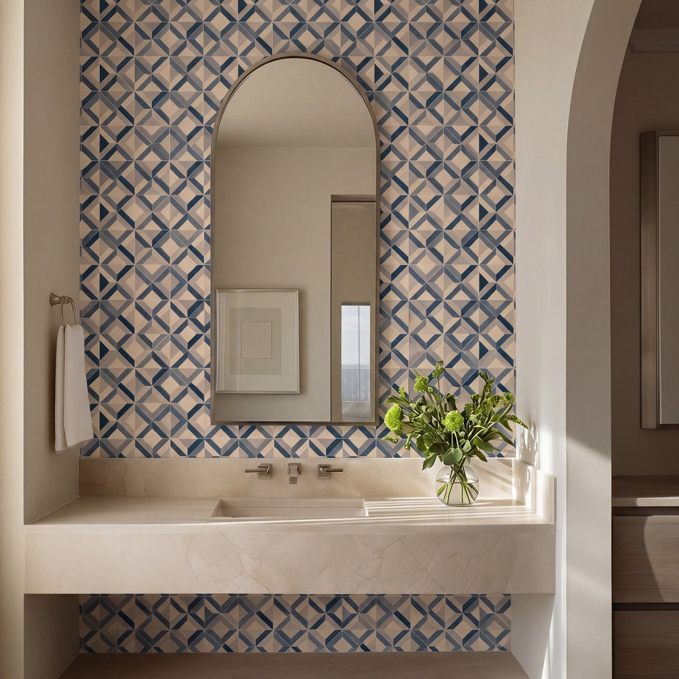 Ponti Geometric wallpaper in a styled mid-century modern living room setting
