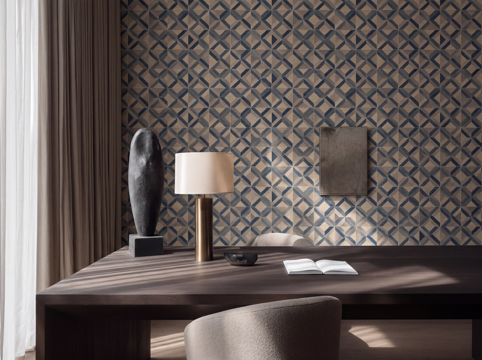 Interior view showing Ponti geometric pattern wallpaper on a feature wall