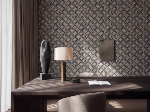 Interior view showing Ponti geometric pattern wallpaper on a feature wall
