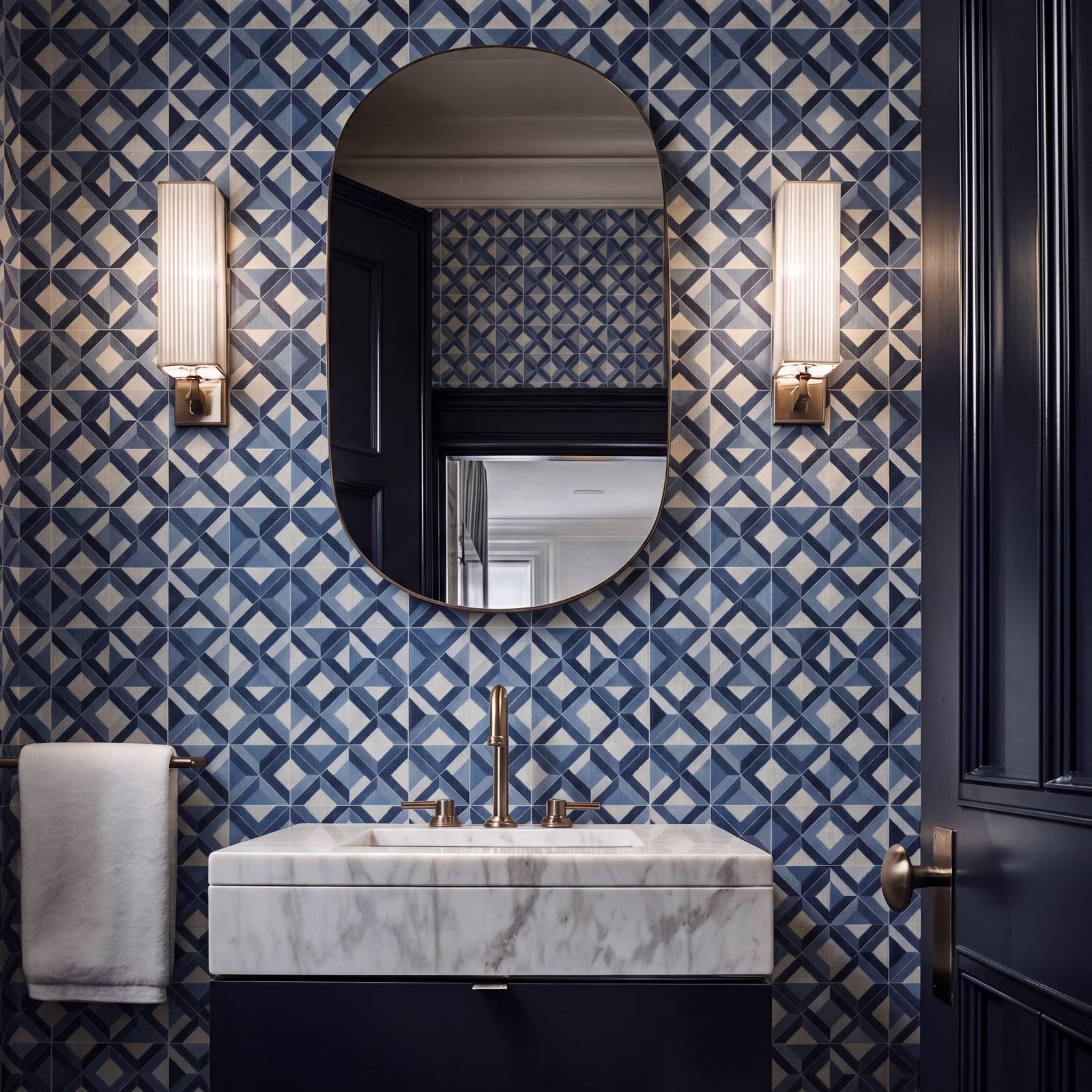 Ponti Geometric wallpaper in Sand installed in a bright minimalist entryway