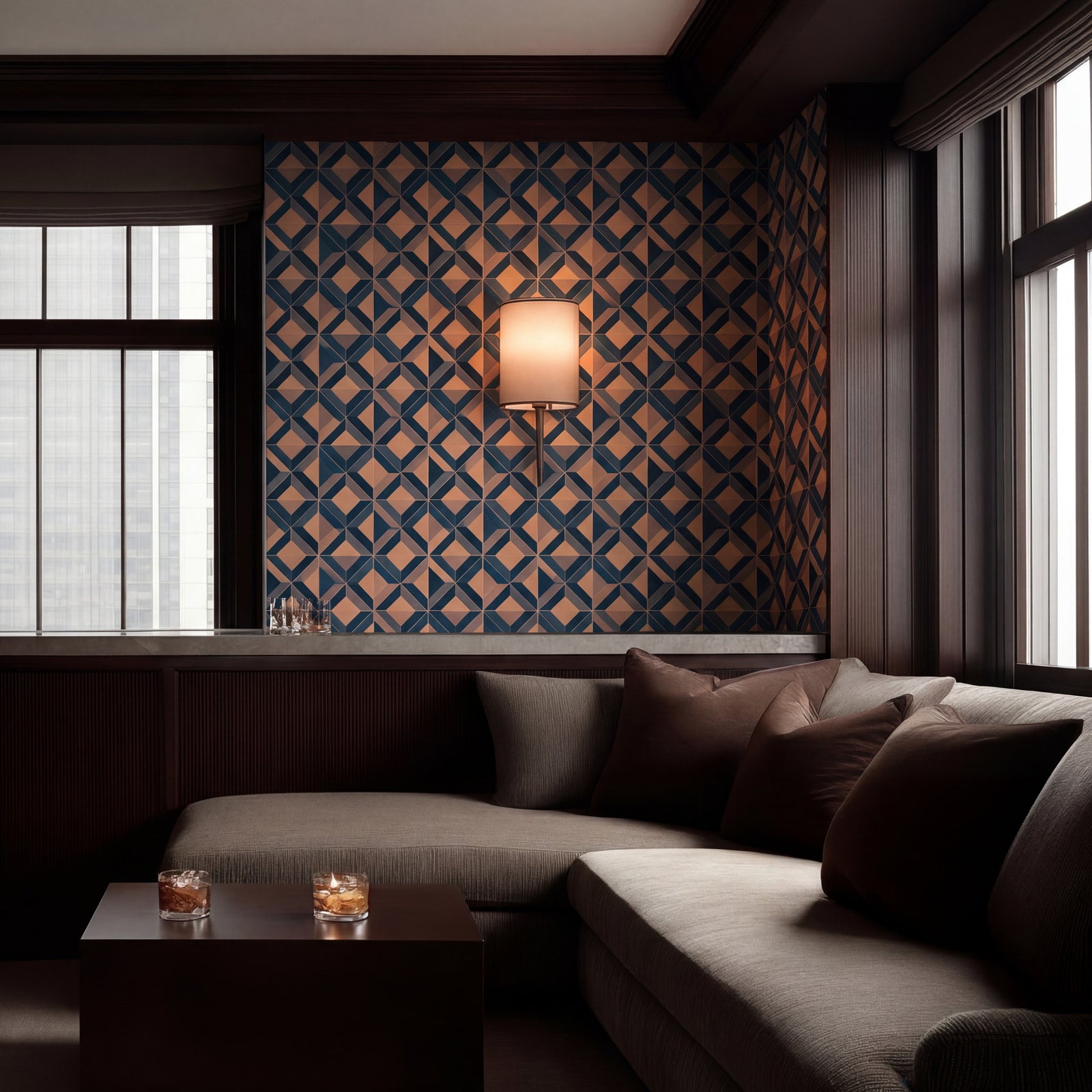 Ponti Geometric wallpaper in Teal curated in a modern designer bedroom