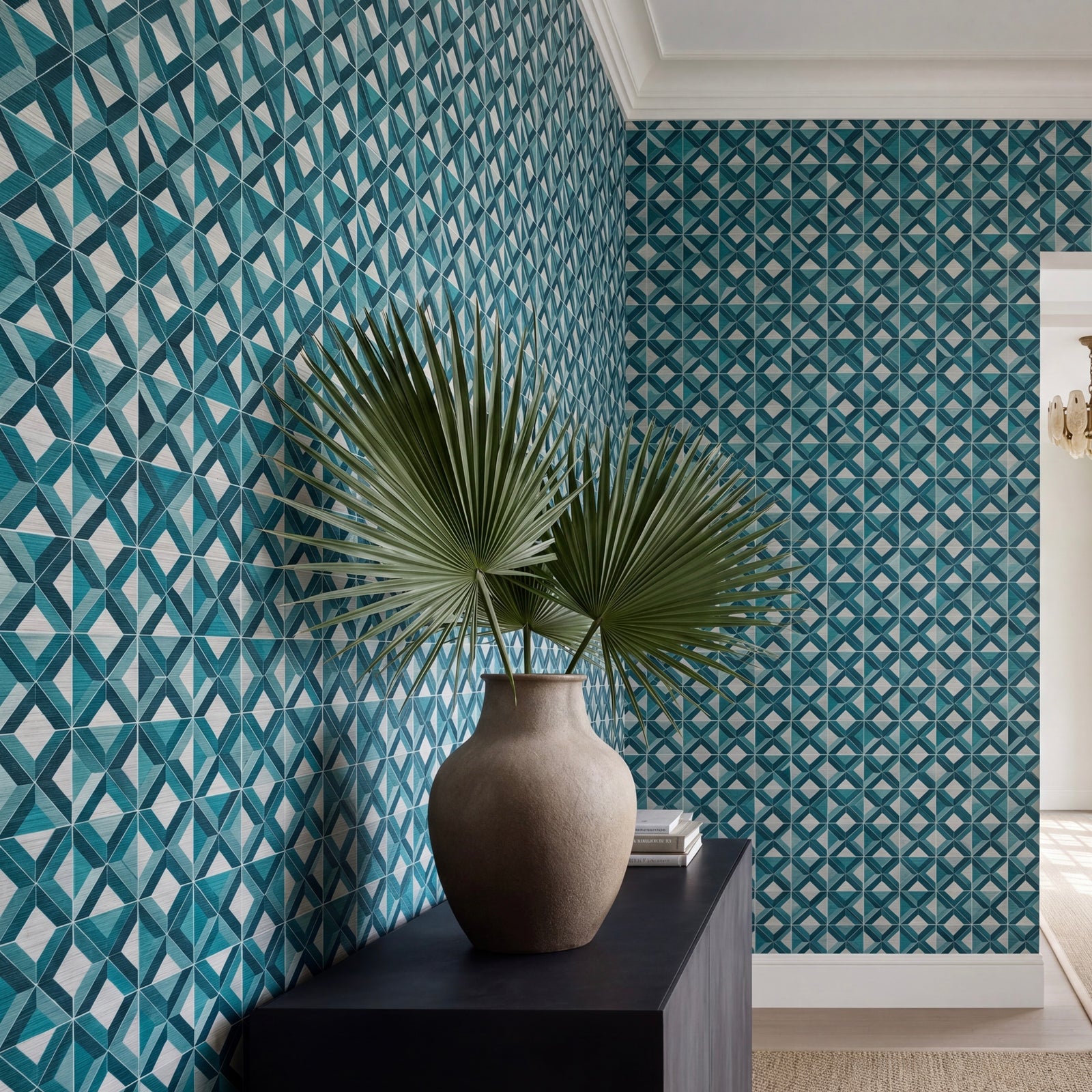 Ponti Geometric wallpaper in Beige styling a sophisticated dining space