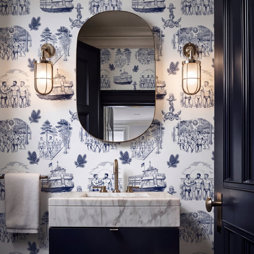Fire Island Pines Toile wallpaper installed in a beach house powder room.