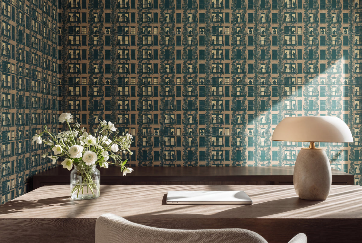 Village Windows Architectural Wallpaper displayed in a styled interior room setting.