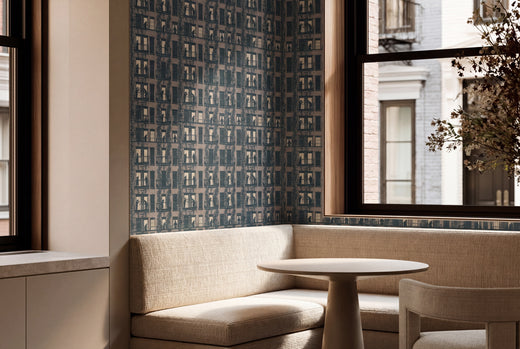 Village Windows wallpaper in sophisticated Taupe styled in an elegant room.