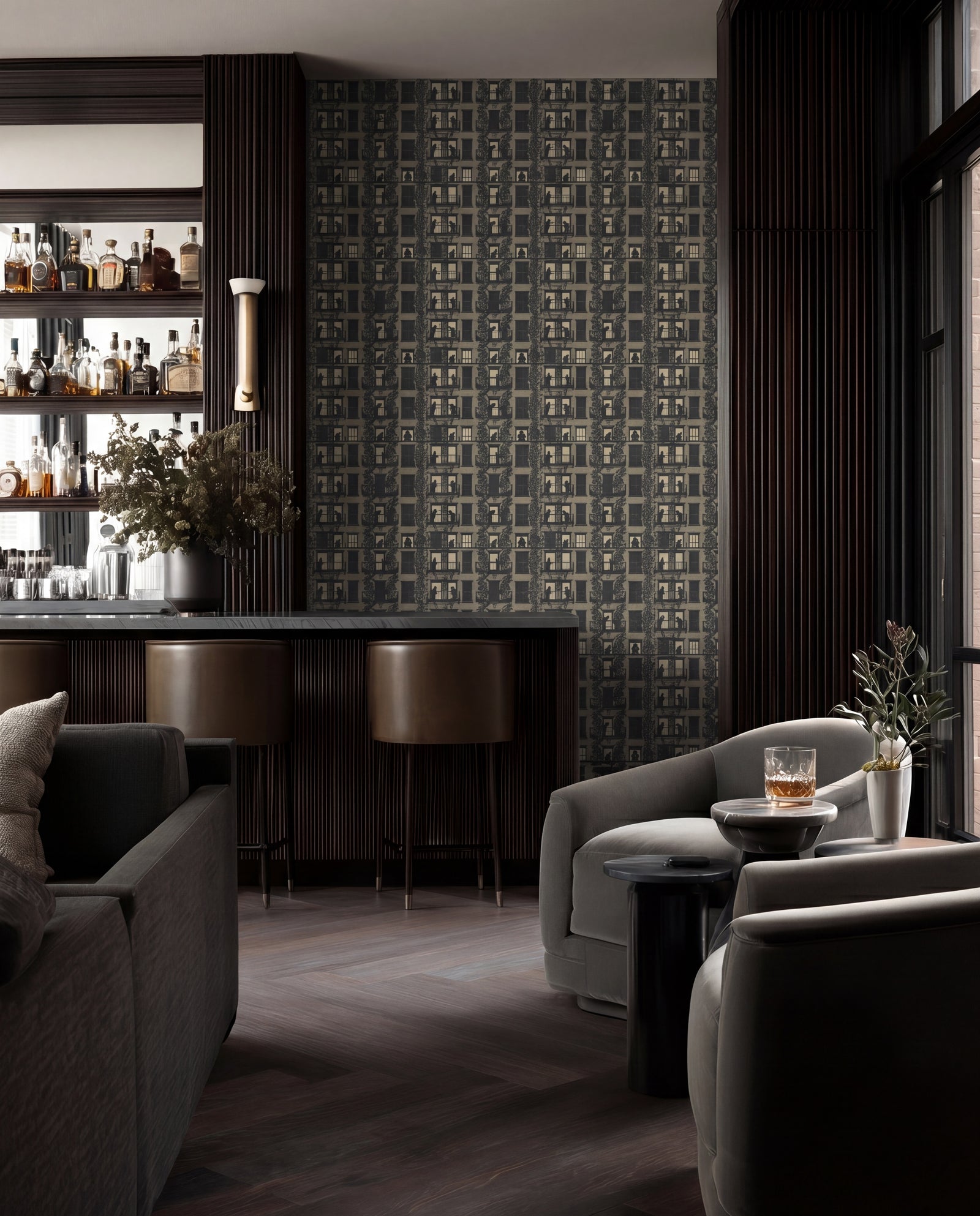 Interior design inspiration featuring Village Windows wallpaper in Greige.