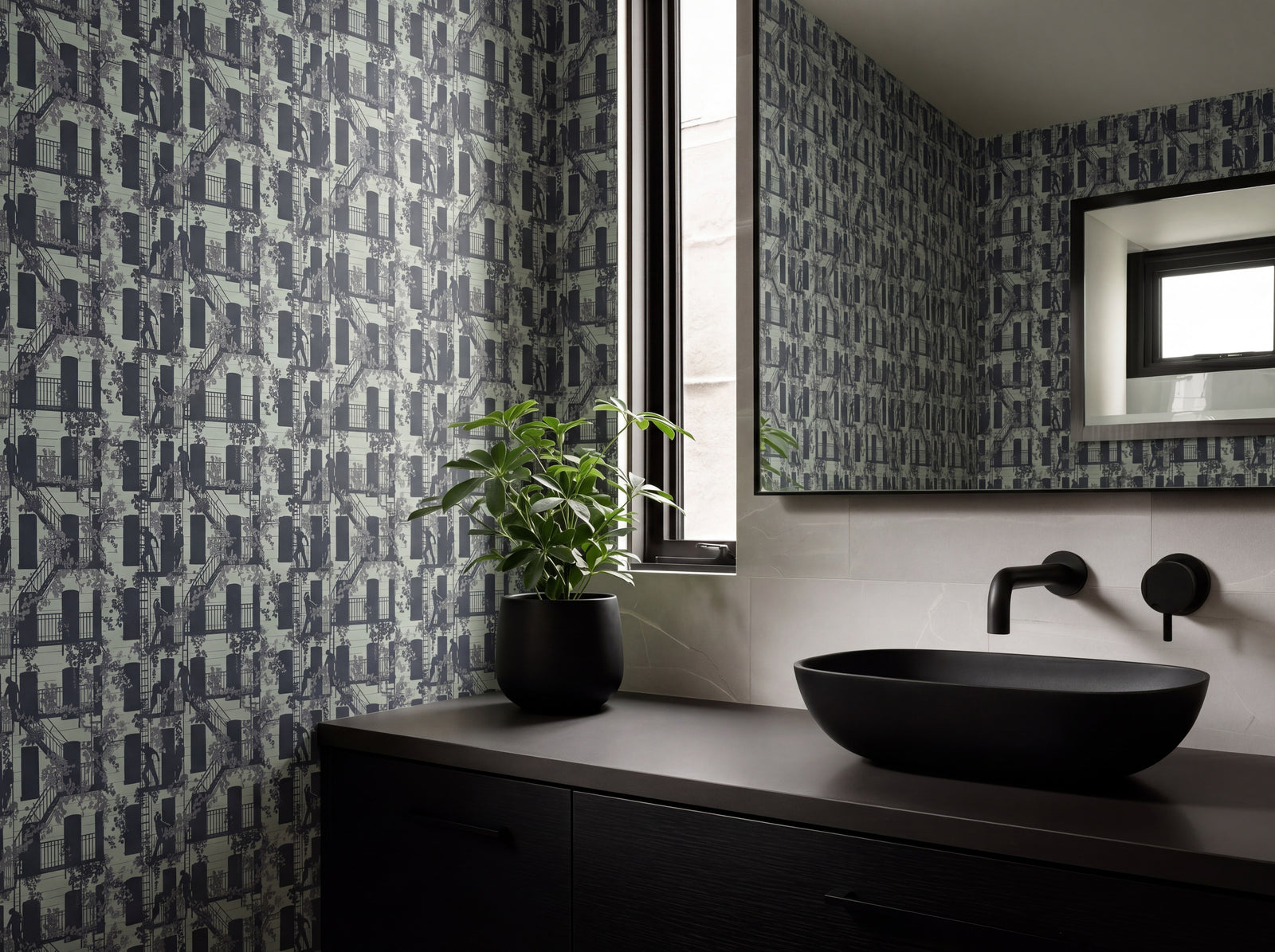 Eclectic Mint colorway of the Greenwich Village narrative wallpaper in a modern creative studio.