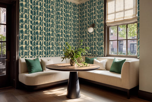 Greenwich Village narrative wallpaper in Cream colorway styling a sophisticated home bar.