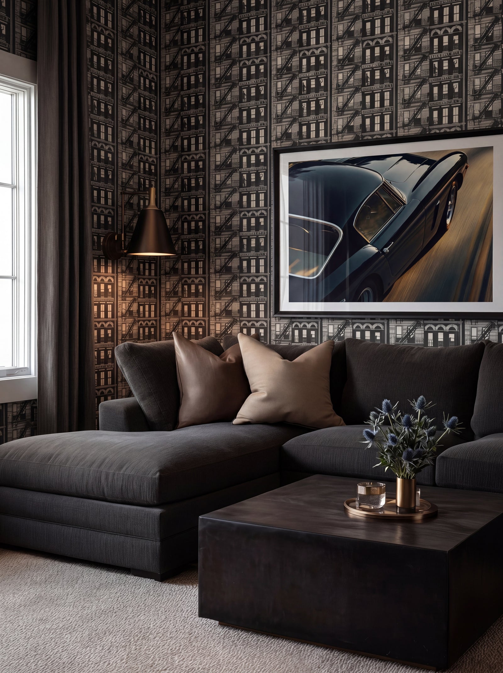 Atmospheric city landscape wallpaper design installed in an elegant dining room