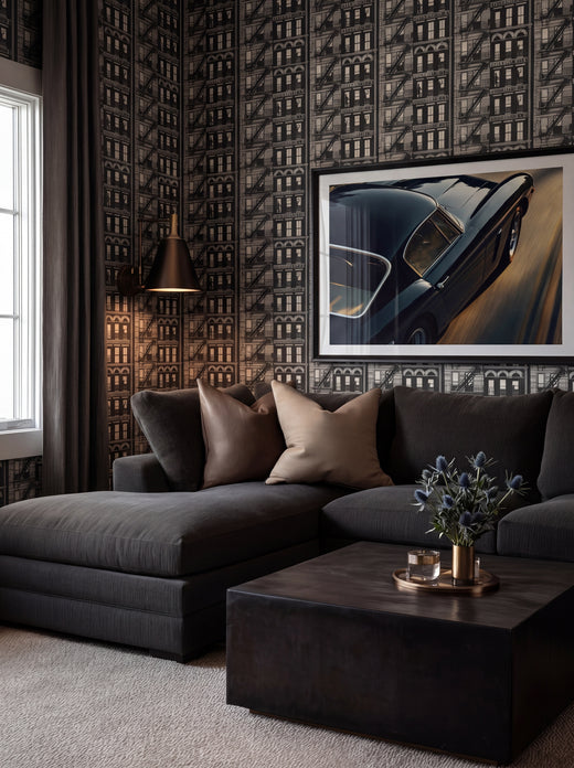 Atmospheric city landscape wallpaper design installed in an elegant dining room