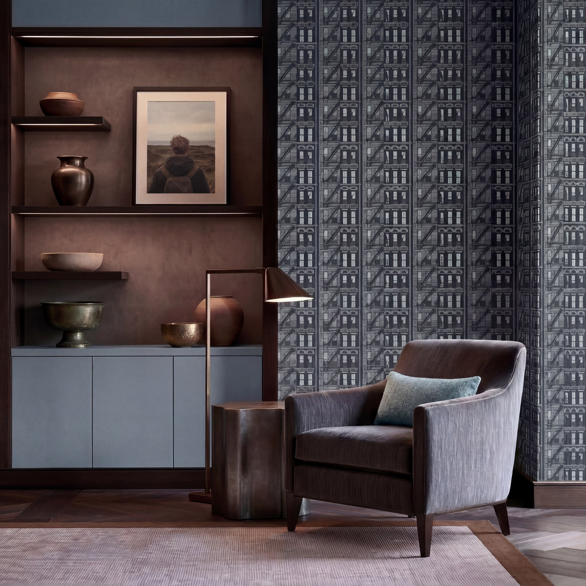 Stylized artistic cityscape wallpaper design showing architectural forms in soft tones