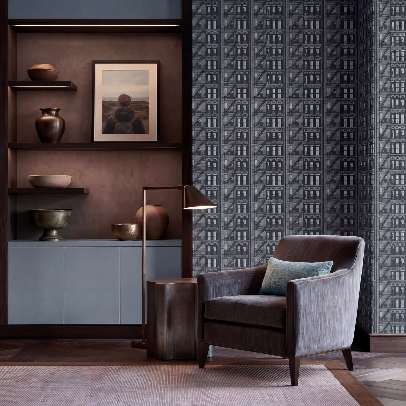 Stylized artistic cityscape wallpaper design showing architectural forms in soft tones