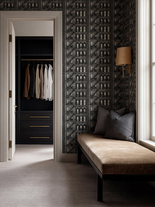 Full wall installation of the cityscape wallpaper in a modern, sophisticated interior