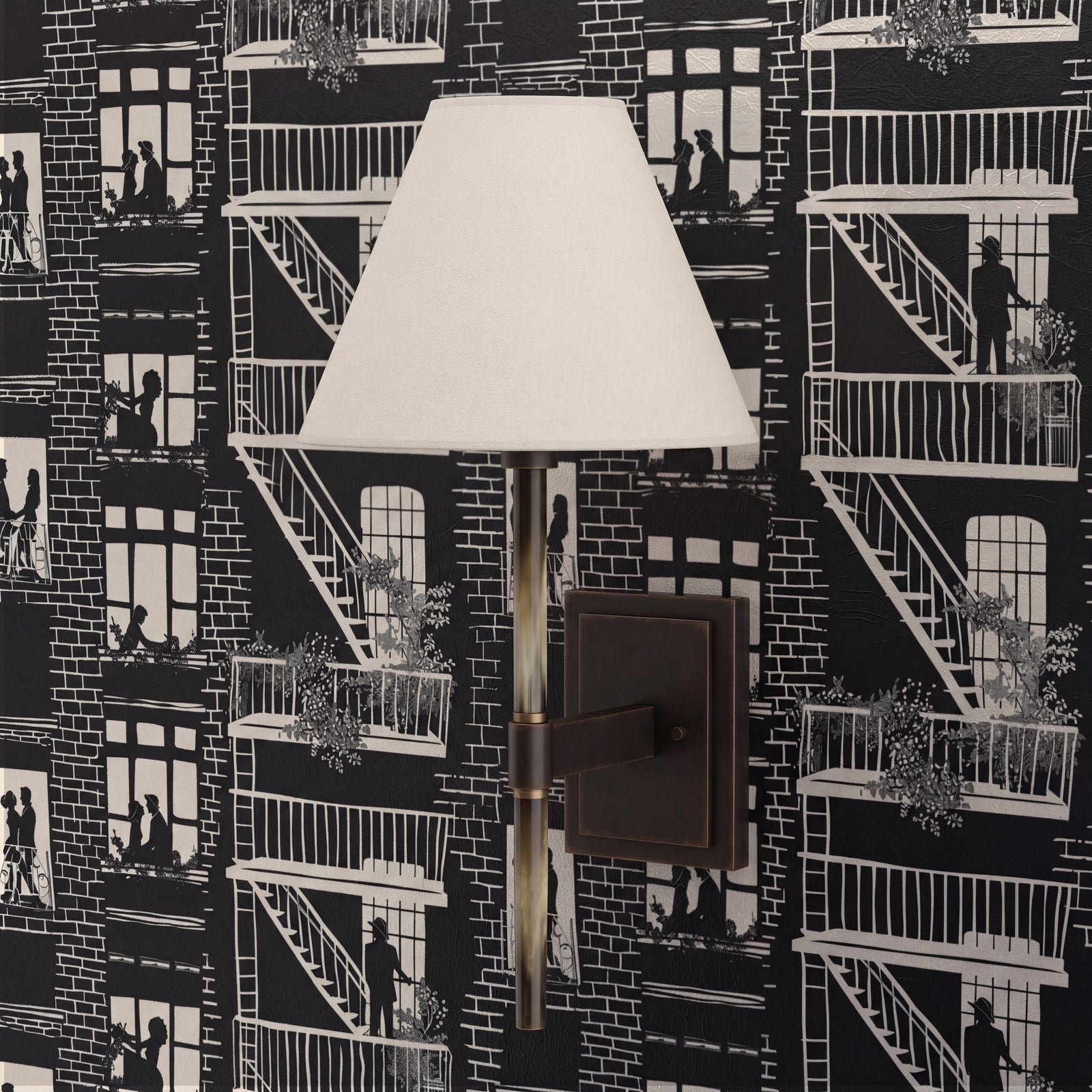 Stylized interior view showcasing black and ivory city toile wallpaper in a modern room setting