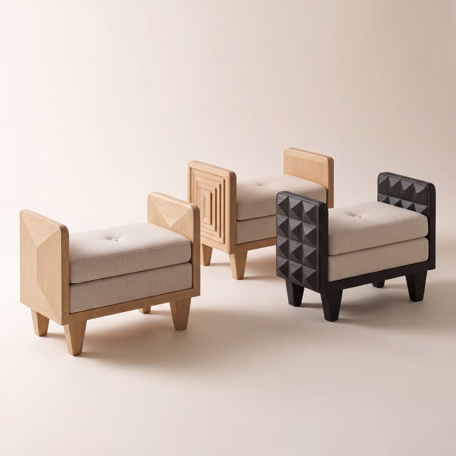 Custom oak bench with clean modernist lines and neutral upholstery fabric.