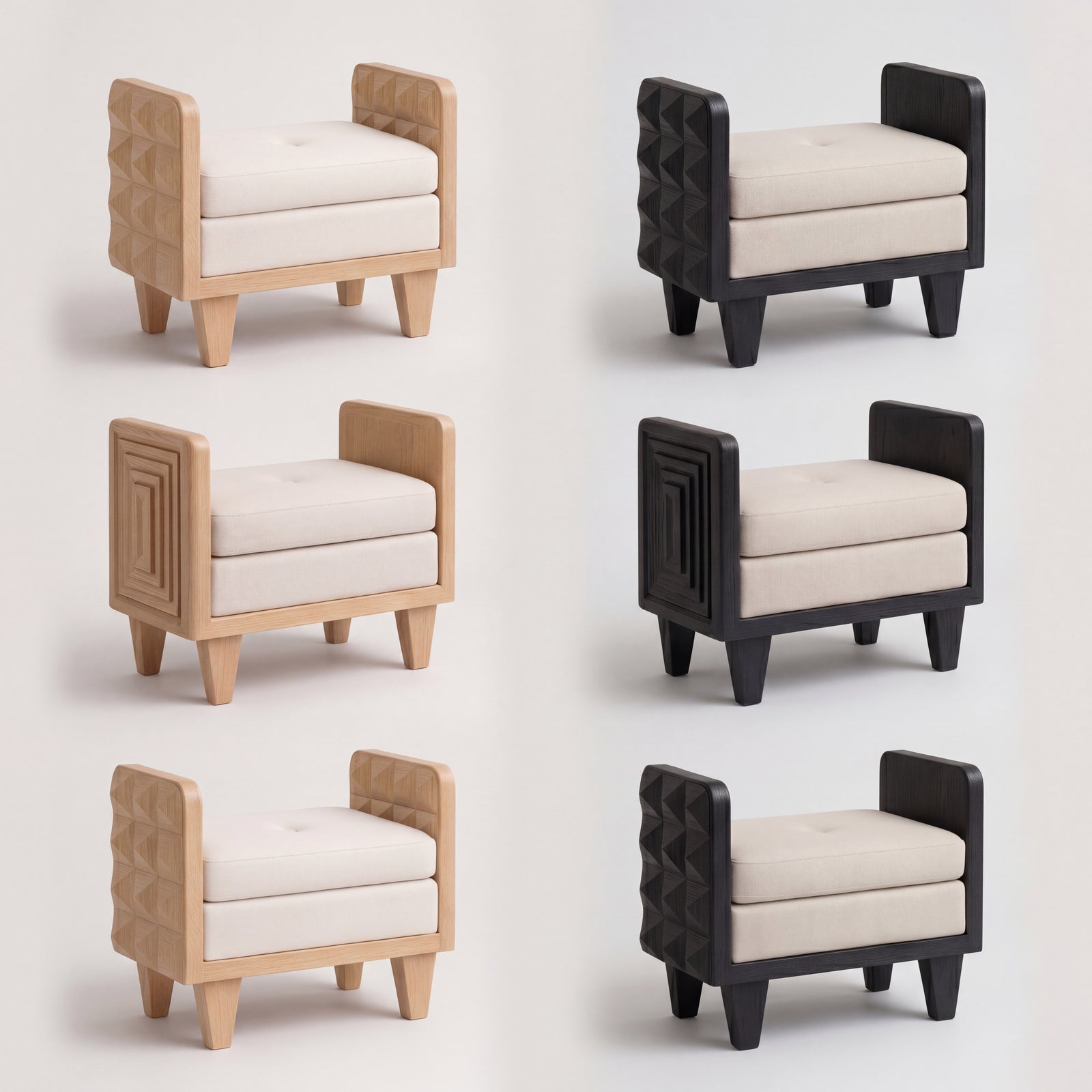 Side view showing the tailored upholstery and disciplined proportions of the bench.