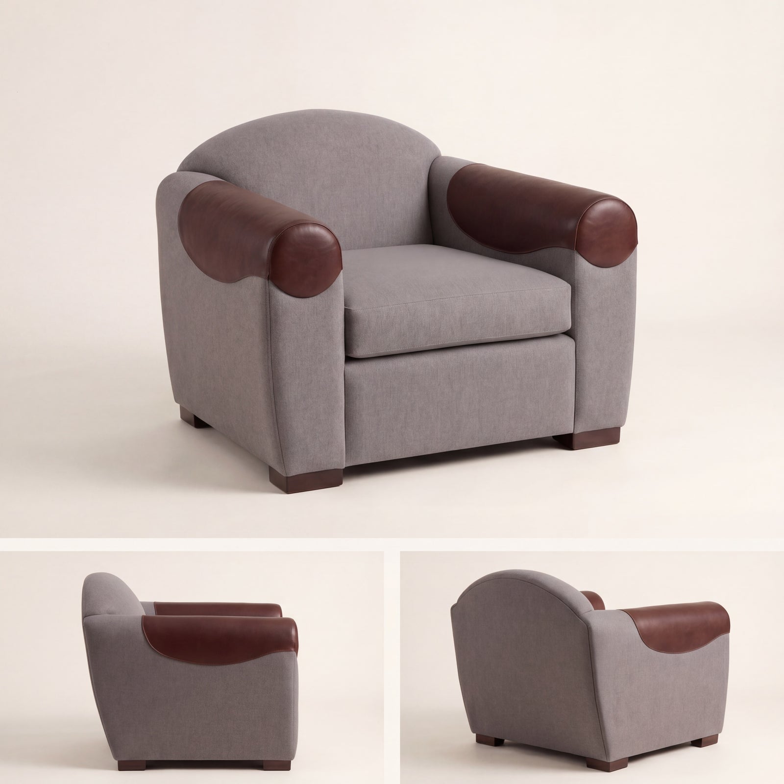 Front angle of the custom-upholstered Art Deco armchair