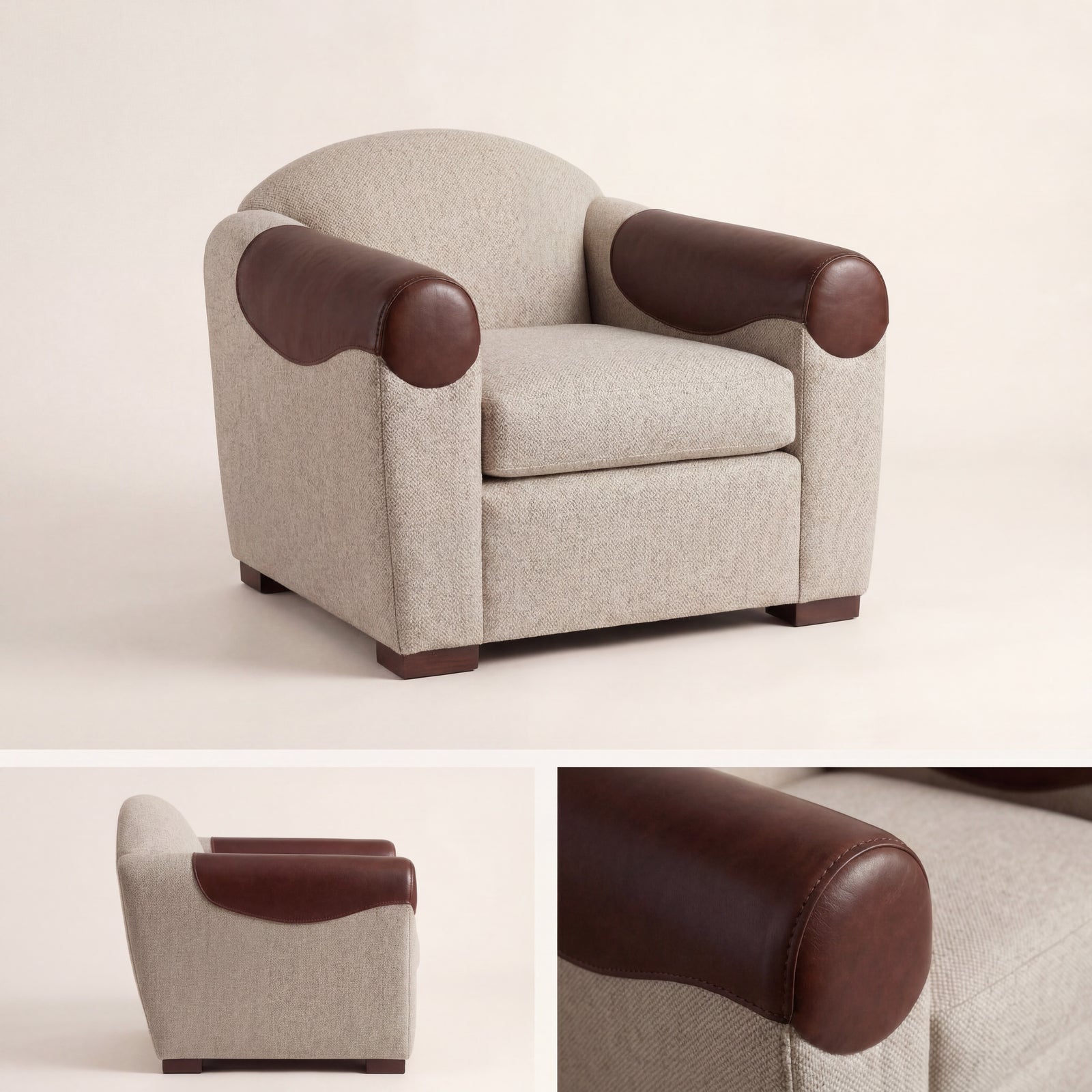 Detailed view of the handcrafted wood joinery on the Saddle Armchair