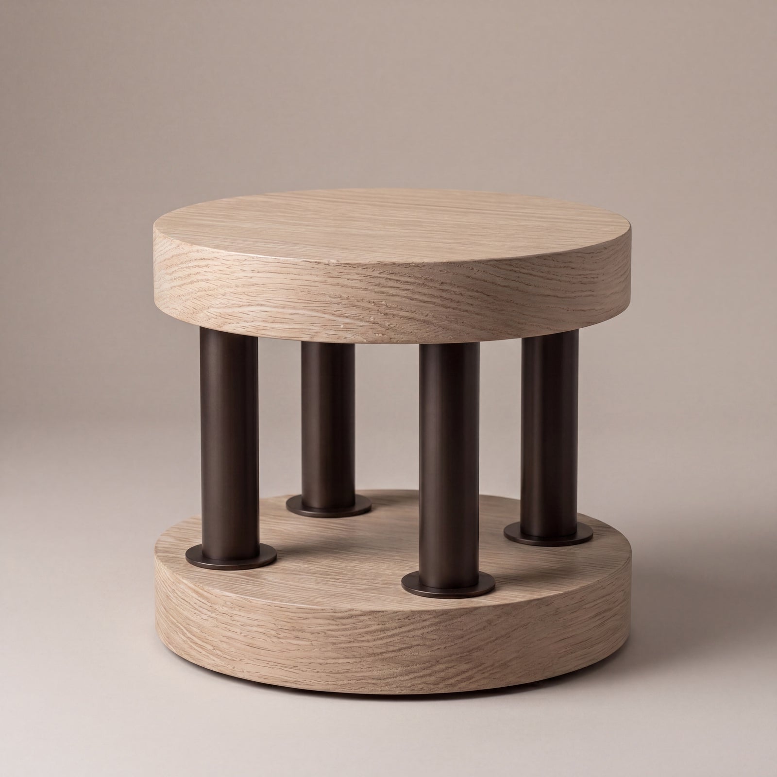 Minimalist oak side table emphasizing its graphic silhouette and custom finish.
