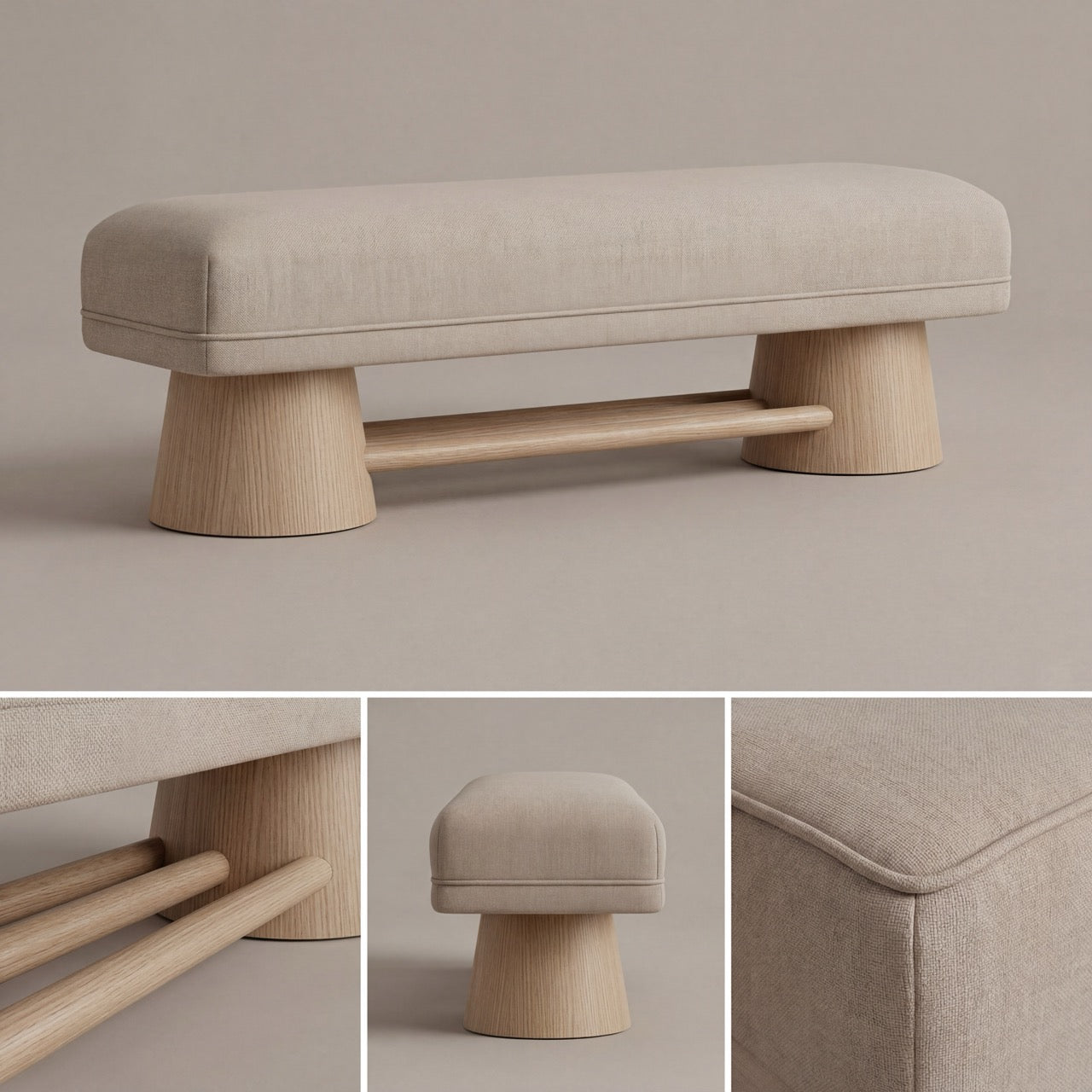 Minimalist design of the Harbour upholstered bench, showcasing clean lines and wooden legs.