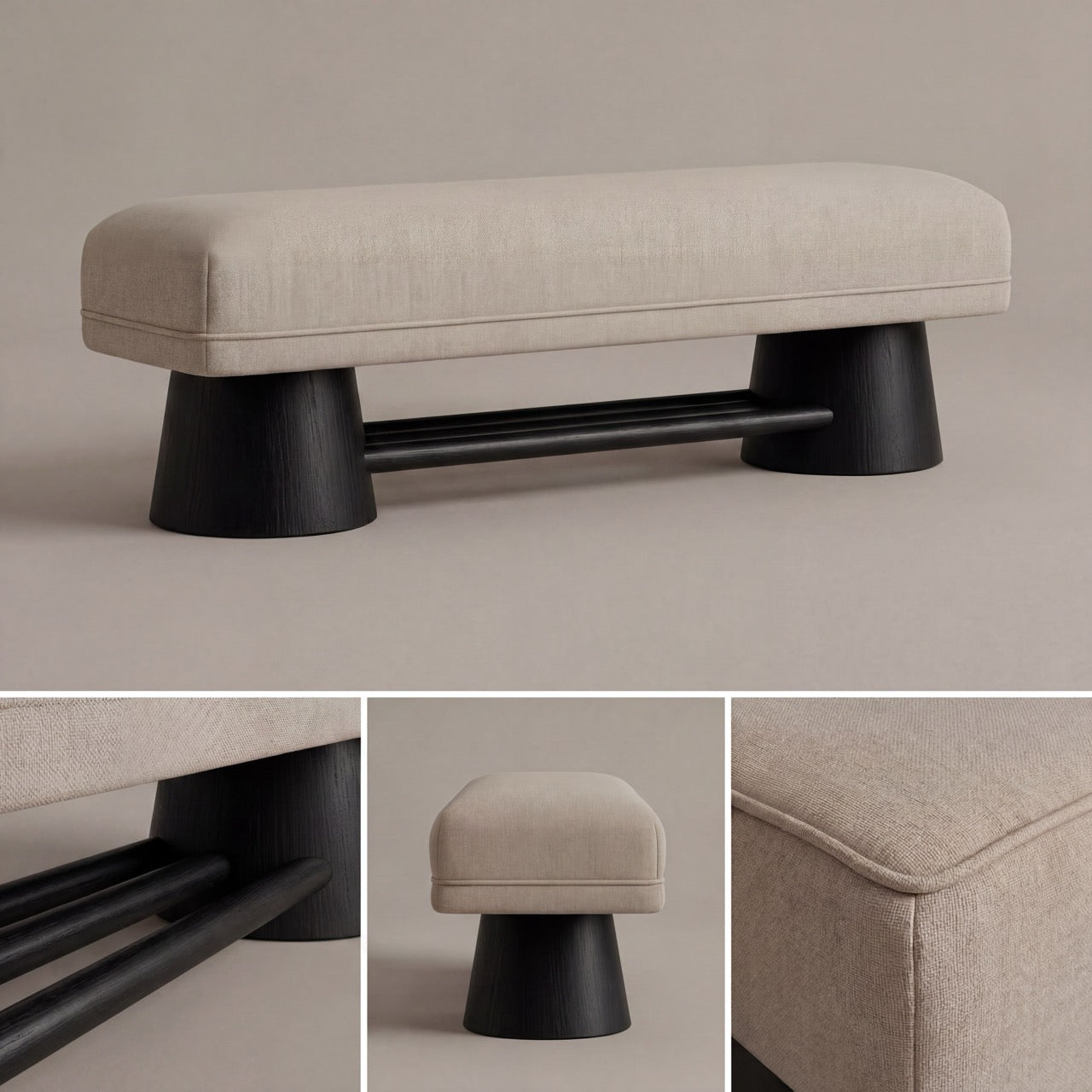 Harbour upholstered bench styled in a modern bedroom setting.