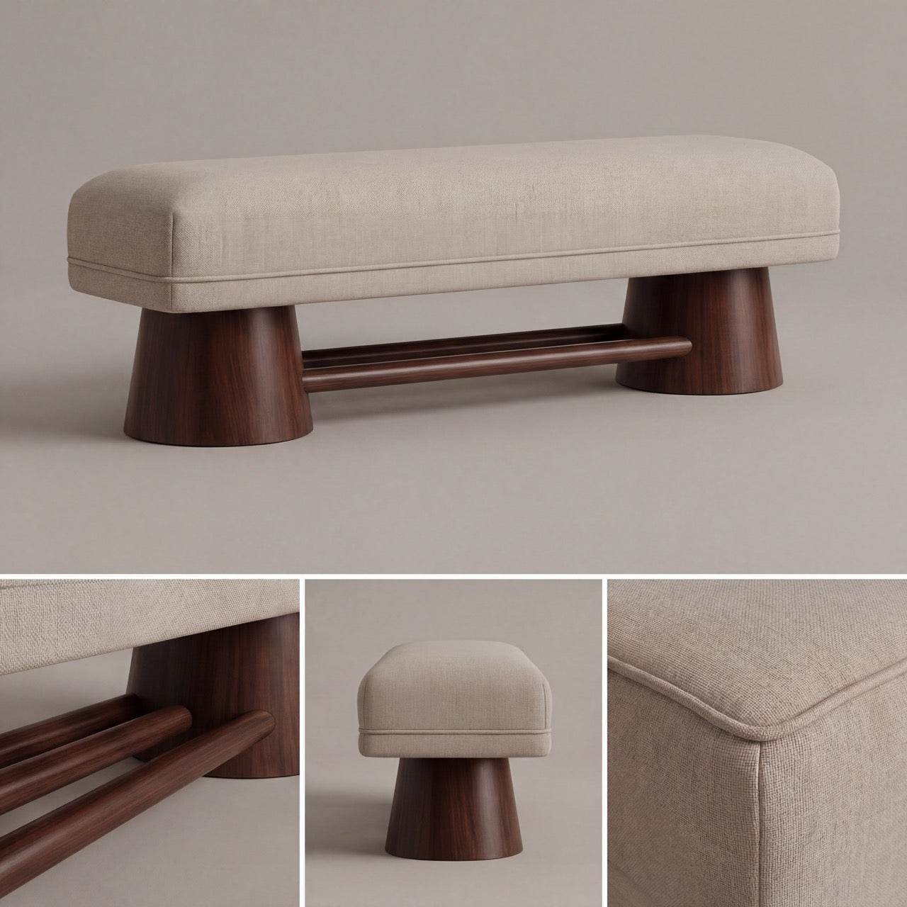 Profile view of the Harbour upholstered bench with custom Pierre Frey fabric.