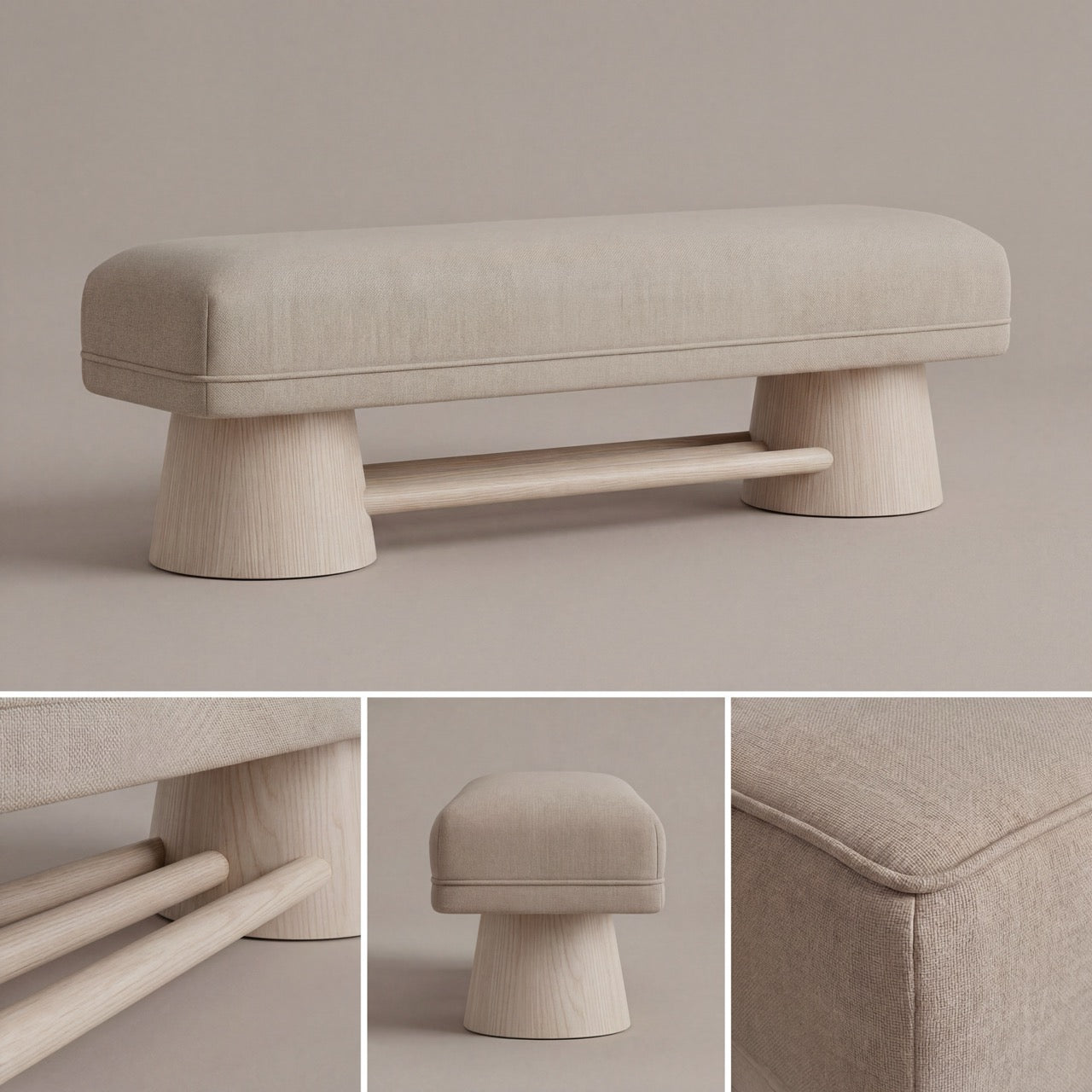 The Harbour custom bench seen from a low angle, highlighting its architectural oak base.