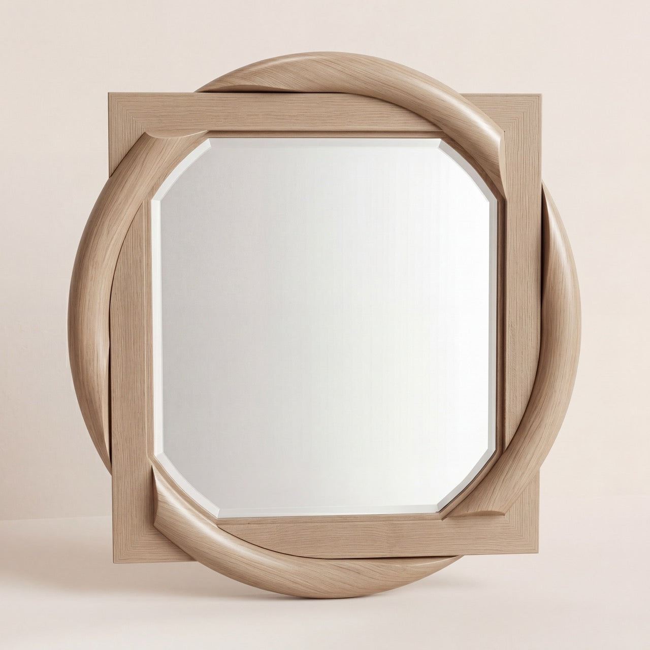 Close-up of the deep interior beveling on the Mazza wood mirror