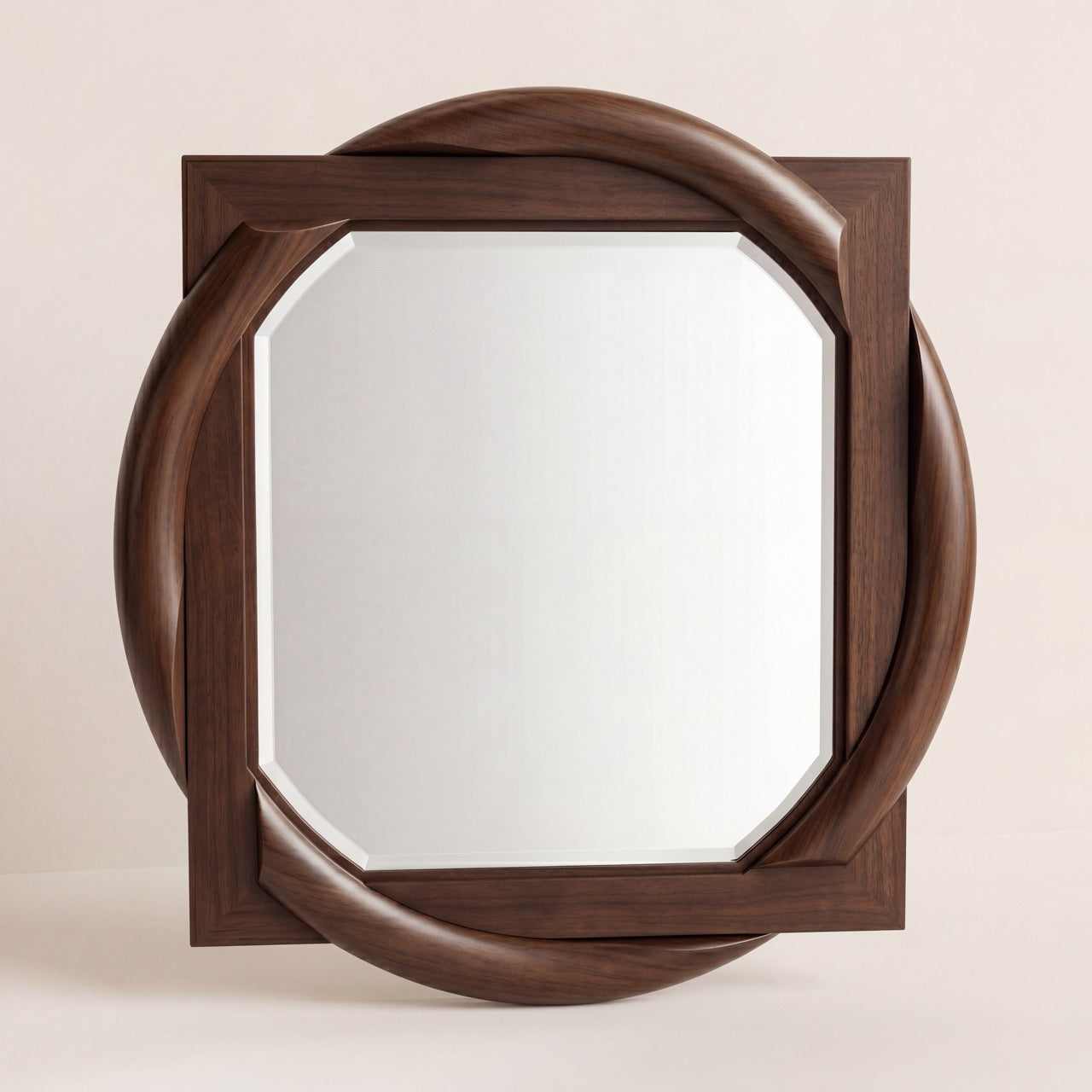 Mazza geometric wood wall mirror displayed in a designer hallway