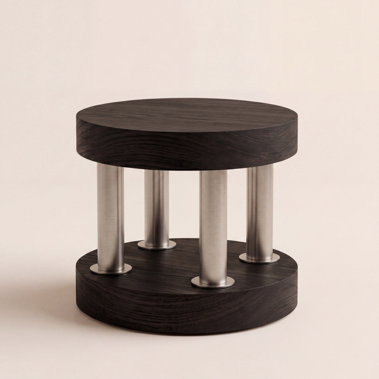 Detail of the custom wood grain and modern finishes on a postmodern side table.