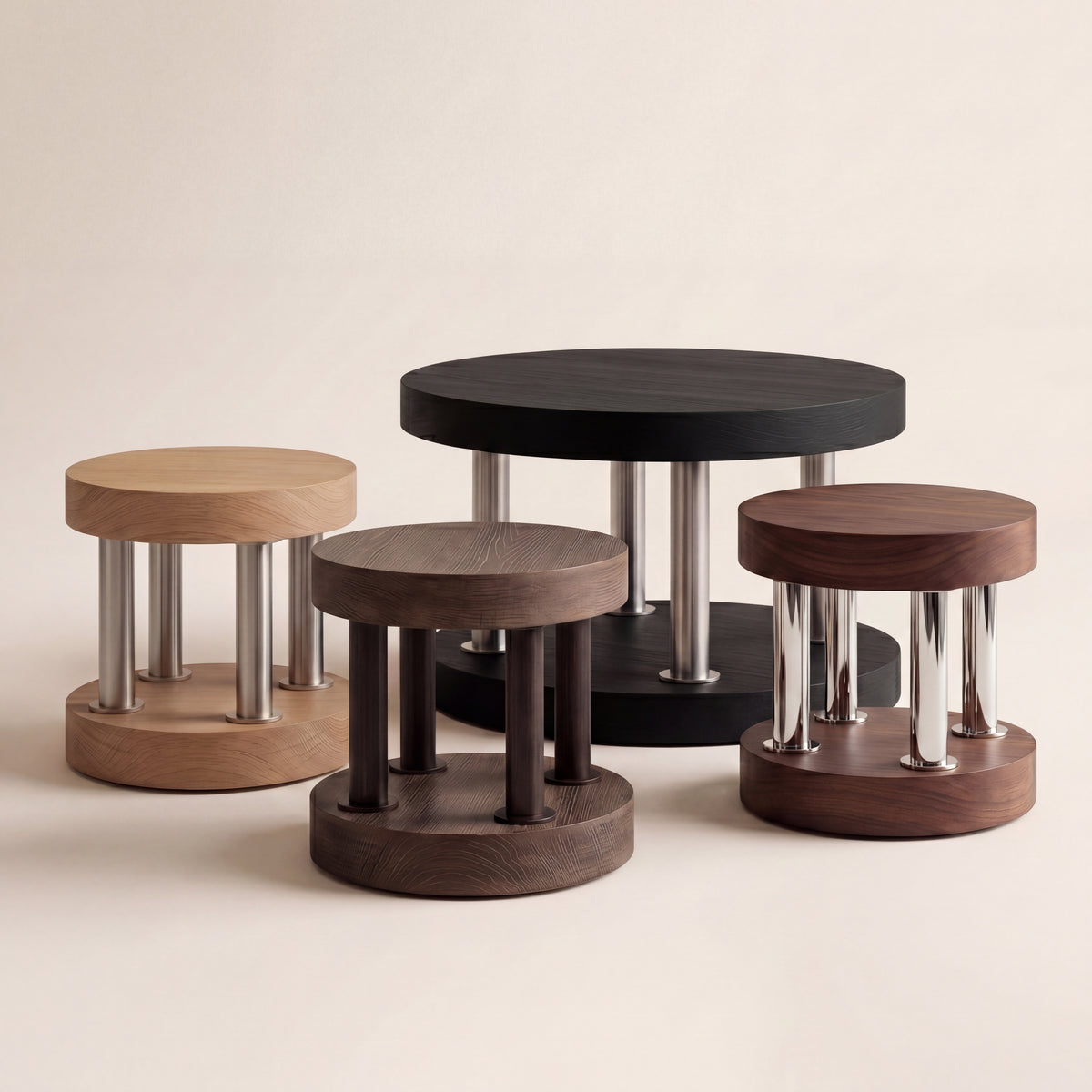Custom postmodern oak side table in a minimalist living room setting.