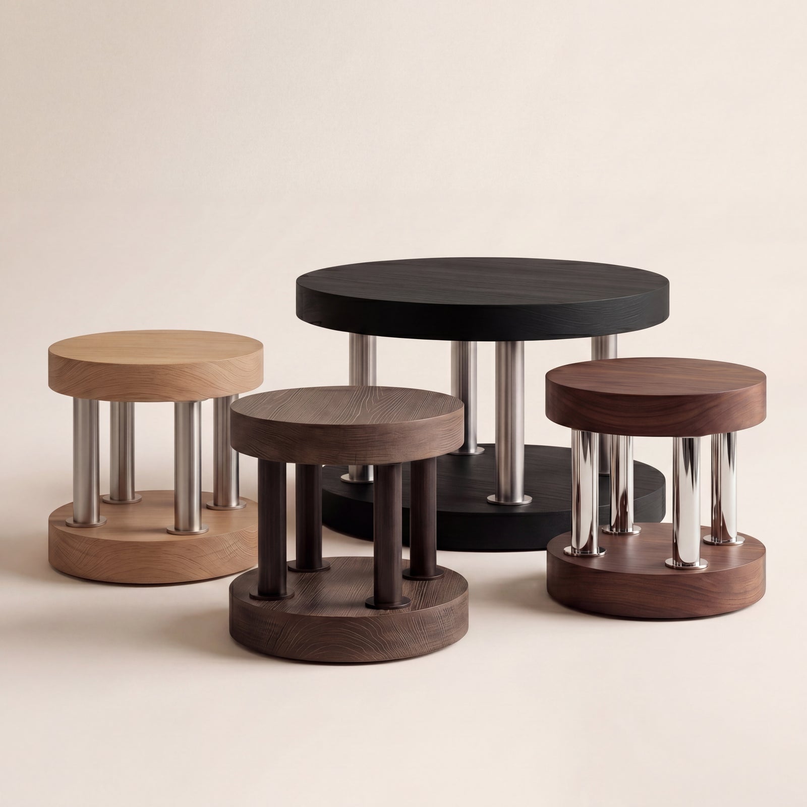 Custom postmodern oak side table in a minimalist living room setting.