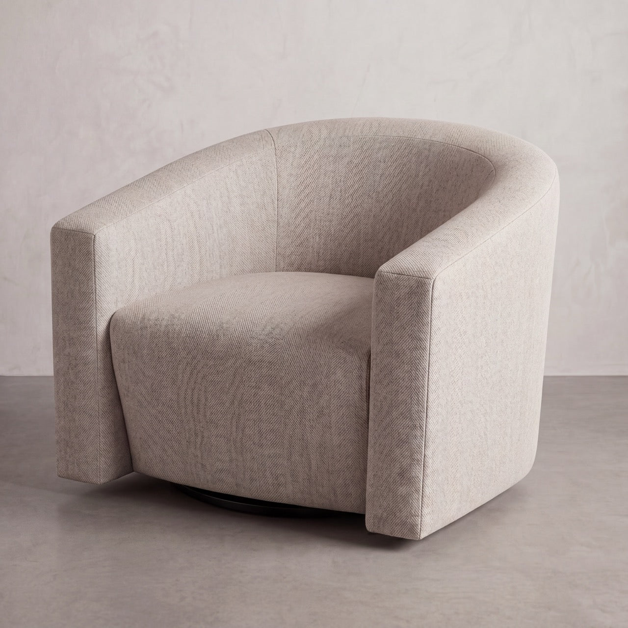 Custom Floating Lounge Chair upholstered in textured cream fabric with a modern low profile.