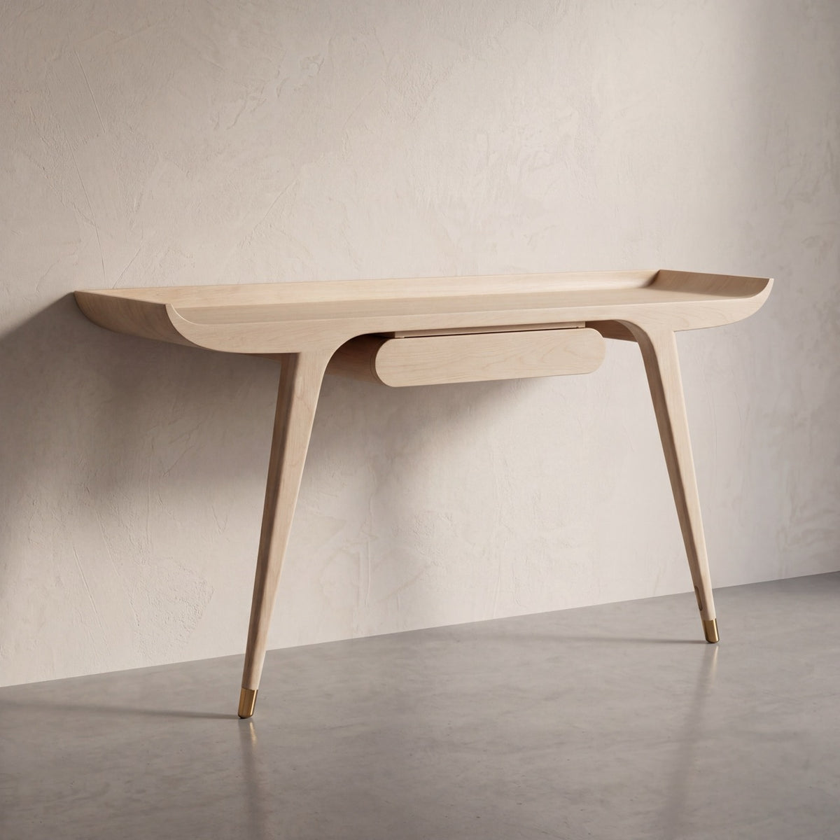 Gio Ponti-inspired floating console desk in oak with elegant brass ferrules