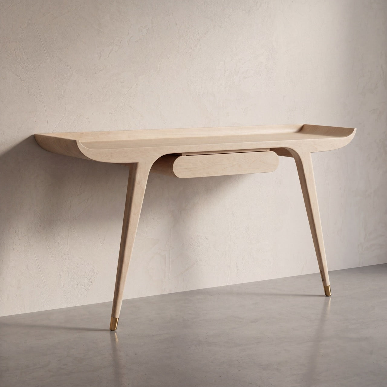Gio Ponti-inspired floating console desk in oak with elegant brass ferrules