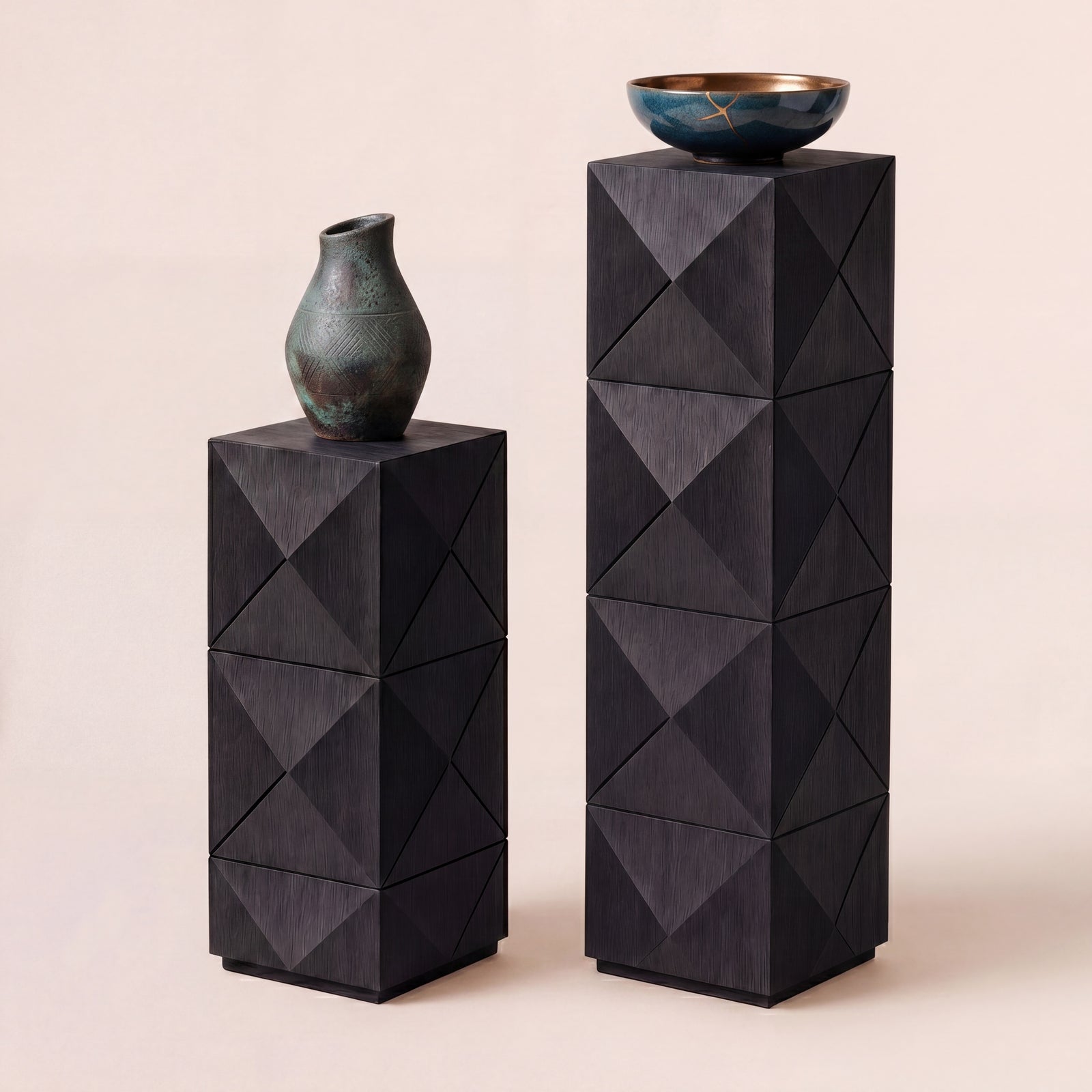 Bespoke short wooden plinth displaying a ceramic vase in a refined minimalist interior.
