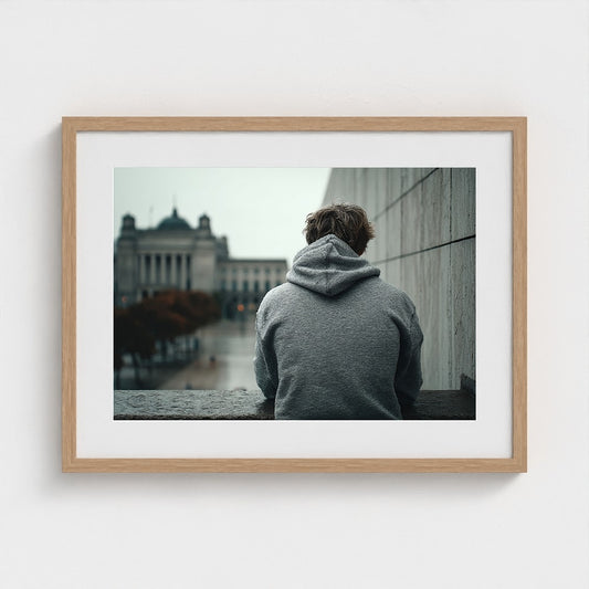 Contemplative Hooded Figure in Urban Concrete Plaza