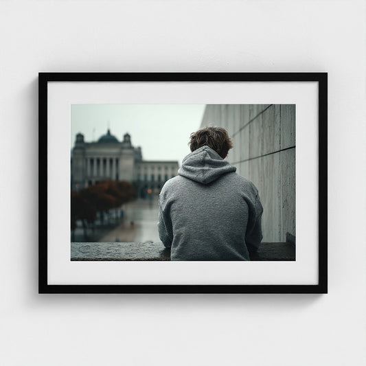 Contemplative Hooded Figure in Urban Concrete Plaza