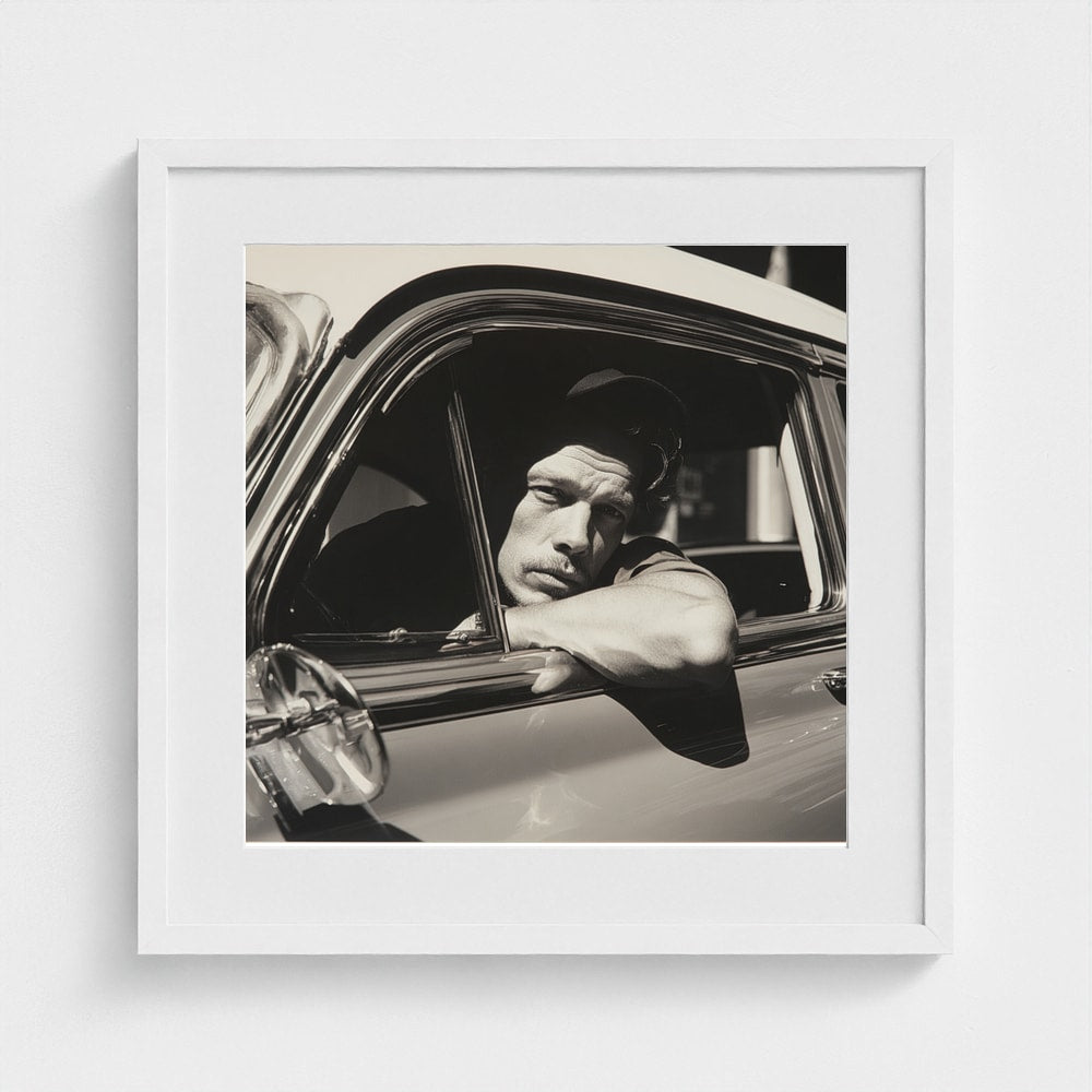Contemplative Man at Vintage Car Window in Monochrome