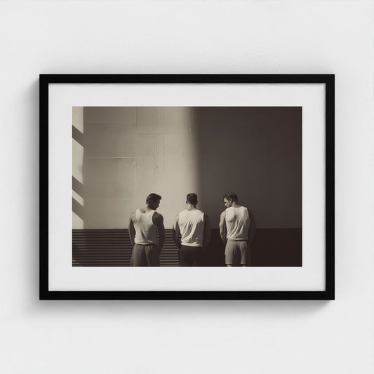 Three Men in Light Beam Minimalist Grey Portrait