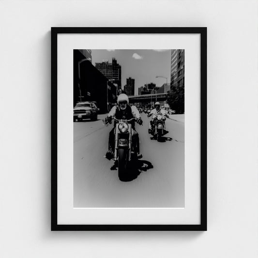 Urban Motorcycle Riders in Gritty Monochrome Print