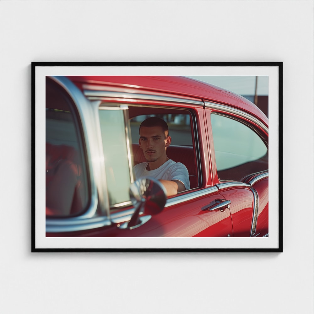 Young Man in Red Classic Car Contemplative Portrait