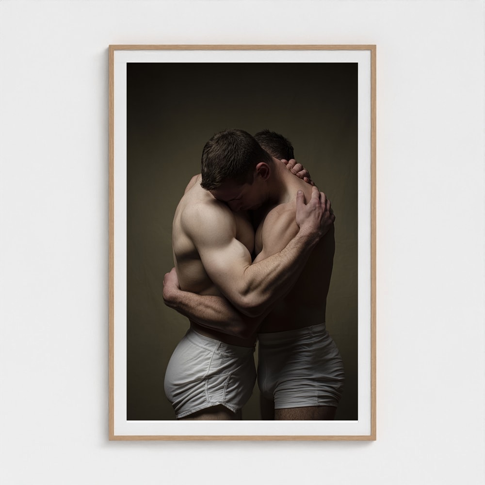 Intimate Male Embrace Portrait in Soft Neutral Tones