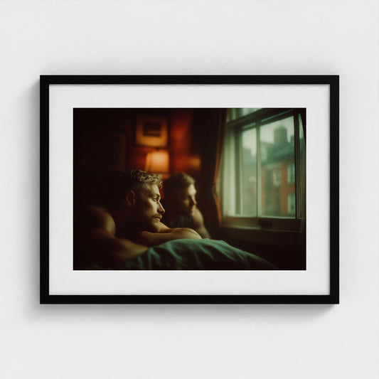 Contemplative Bedroom Portrait in Dark Red Tones